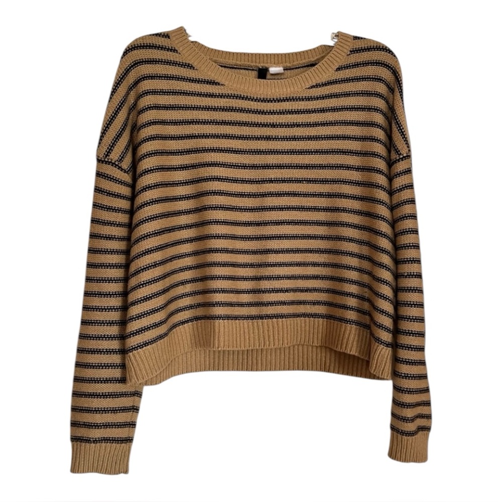 2/$20 - Divided Tan and Black Crew Neck Sweater with Stripes.